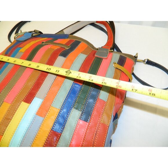 Amerileather Multicolor Lg Leather Tote Bag Colorful Patchwork Tassels Adj Strap - Picture 5 of 16